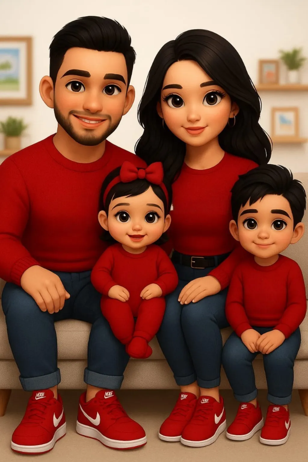 Mamá y tres niños sentados en sofa de la sala